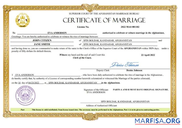 Downloadable Afghanistan marriage certificate Word and PDF real example